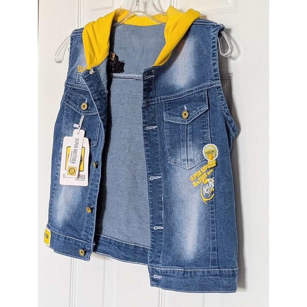 NWT Kids (Size 12Y) Distressed Denim Vest w/Yellow Jersey Hood & Patch Details - Picture 2 of 10